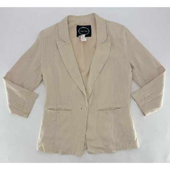 NWT Love Tree Jacket Juniors WOMEN’s Beige 100% Linen Blazer Beachy Career Sz L - Picture 3 of 10